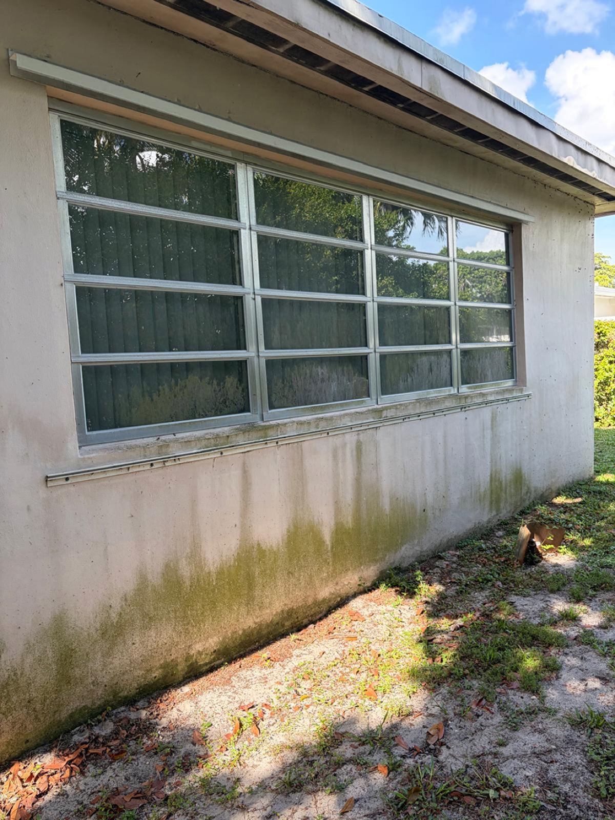 Stucco exterior wall with mold and grime before low-pressure cleaning in Miramar, FL